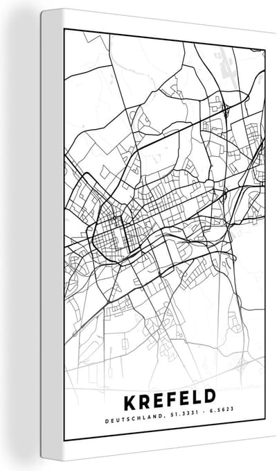 Canvas Schilderij Kaart - Krefeld - Plattegrond - Stadskaart - 20x30 cm - Wanddecoratie