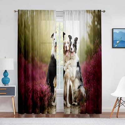 Dier Hond Australische Herder Ligt In Roze Bloemen Tule Gordijnen voor Woonkamer Slaapkamer Decoratie Transparant Sheer Voile Gordijn 1 PCS W100XH250cm&Grommet Top