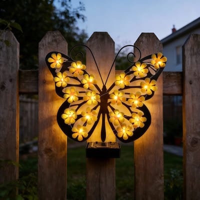 LISM-Decoratieve vlinderwandlamp op zonne-energie, metalen vlinderwanddecoratie, waterdichte vlinderwandlamp met bloemvormige LED-lampjes, Geschikt voor terras, tuin, erf of als decoratie Geschikt voor de schutting (geel).