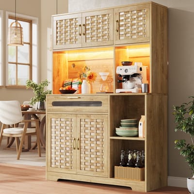 DESMIU Buffetkast - Met Ledverlichting En Verstelbare Indeling - Voor Keuken Woonkamer En Eetkamer - Glas Metaal En MDF - 120x40x180 Cm - Naturel