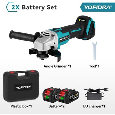 Yofidra 125mm borstelloze haakse slijper 4 versnellingen snoerloze slijpmachine snijden houtbewerking elektrisch gereedschap voor Makita 18V accu 2 Battery & Plastic Box