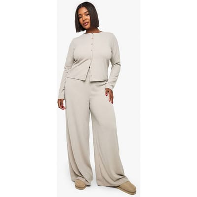 boohoo Dames Plus rib knoop cardigan mouwtop en broek set | Ecru | Maat: 44