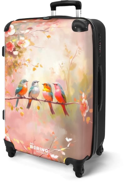 NoBoringSuitcases.com® - Koffer groot - Rolkoffer lichtgewicht - Vogels met roze bloesemtakken - Reiskoffer met 4 wielen - Grote reis trolley XL - Luggage suitcase - Hardcase reistrolley medium - 20 kg bagage