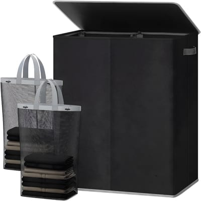 JCP® Wasmand - 145L - Wasmand 2 Vakken - Wasmanden - Zwart - 58cm x 38cm x 67cm