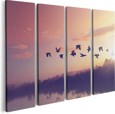 Artaza Canvas Schilderij Vierluik Silhouet Vogels Tijdens Zonsondergang - 80x60 - Foto Op Canvas - Canvas Print