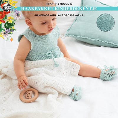 Haakpakket deken-kinderdekentje-kado-kraamcadeau-granny square met Ecopuno garen model 17 van Infanti 18-turkoois