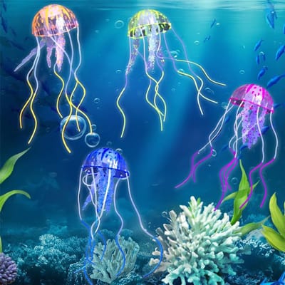 Aquariumdecoraties, 4 stuks, kleurrijke kwallen met lichteffect, aquariumdecoraties, ornament voor verschillende aquarium, ornament, siliconen, kwallen, vistankdecoratie