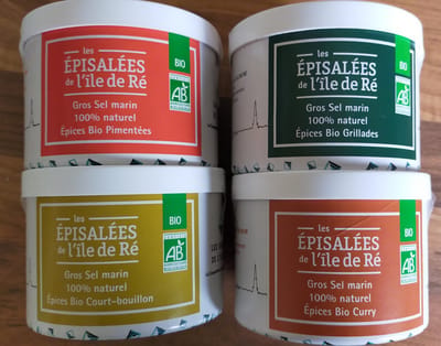 Set grof zout 4x150g - zout met curry, zout met grill kruiden, zout met stoof kruiden, zout met Espelette peper - Les sauniers de l'Ile de Ré