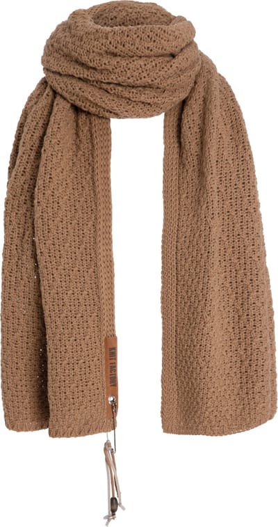 Knit Factory Luna Gebreide Sjaal Dames & Heren - Langwerpige sjaal - Ronde sjaal - Colsjaal - Omslagdoek - Nude - Bruin - 200x50 cm - Inclusief sierspeld