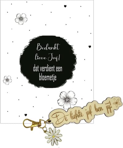 Sleutelhanger en kaartje JUF | wit | bloemen | jij bent de liefste | liefste juf | topjuf | einde schooljaar | cadeau