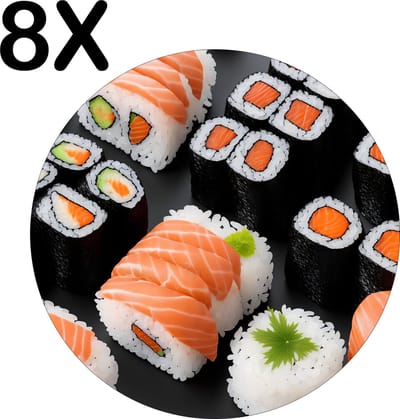 Luxe Ronde Placemat - Sushi met Zalm - Set van 8 Placemats - 50x50 cm - 2 mm dik Vinyl - Anti Slip - Afneembaar
