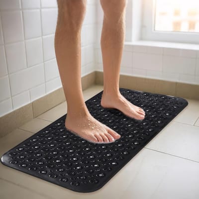 Langwerpige Antislip Bad- en Douchematt, 40 x 88 cm, met Zuignappen en Afvoeropeningen, Zacht en Wasbaar, Zwart, Veiligheid, Comfort, Badkameraccessoires