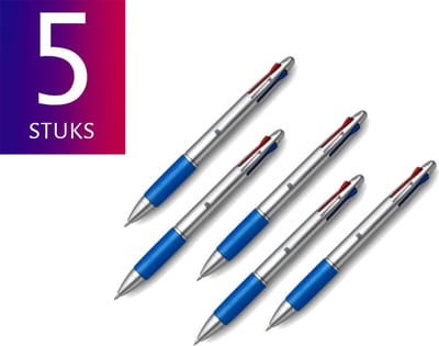 Pack 5x Vierkleuren Balpen - Zilver / Blauw - Vier Kleuren Pen- Inkt Rood Blauw Groen Zwart