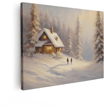Artaza Canvas Schilderij Winterlandschap - 120x90 cm - Wanddecoratie Besneeuwd Bos - Muurdecoratie Winterhut - Schilderijen Op Canvas Natuur