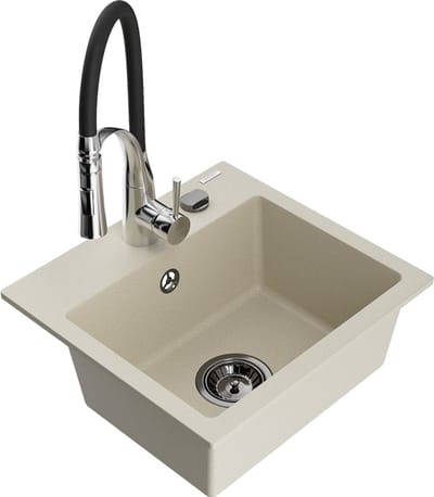 Mexen Milo granieten spoelbak 1-komerig met keukenmengkraan Aster, beige - 6505-69-73450-07-B