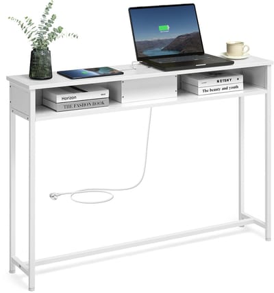 VASAGLE - Consoletafel - Haltafel - Console Tafel met Stopcontacten - 2 Vakken - Smal en Ruimtebesparend