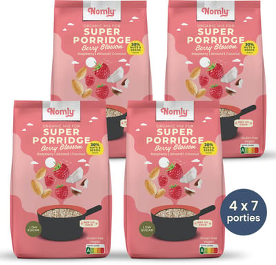 Nomly Super Havermout Berry Blossom - Framboos Amandel Kokos - overnight oats - laag in suikers - gezond - vegan - 100% glutenvrij - bio - 4 x 280g