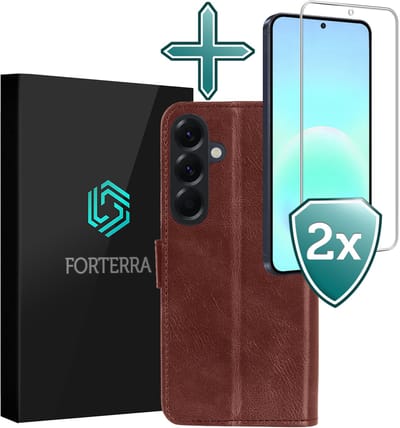 Hoesje Met 2x Screenprotector - Geschikt voor Samsung Galaxy A57 - Luxe Pasjeshouder - Flip Case - Bookcase Portemonee - Kunstleer Book Case - Flipcase Hoes - Book Cover - Walletcase - Portemonneehoes - Bruin