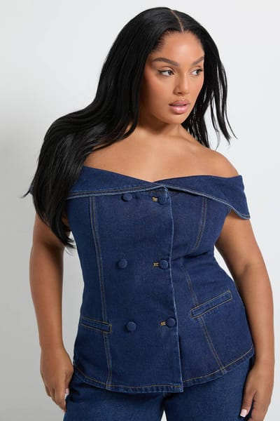 boohoo Dames Plus Bardot Button Down Denim Top | Indigo | Maat: 44