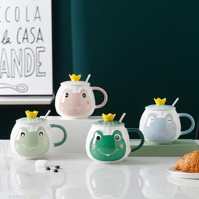 Creatieve en Gepersonaliseerde Keramische Kop met Deksel Mok Souvenir Cartoon Waterkop Hooguitziende Huishoudelijke Kop met Lepel 400ML white