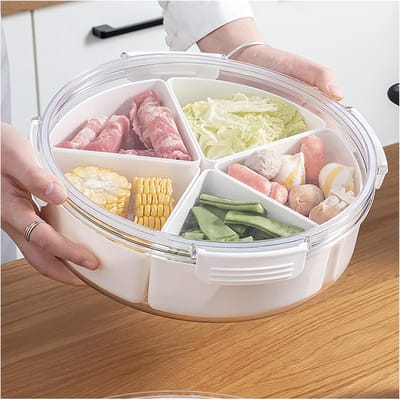 ronde kunststof gedeelde dienblad met deksel, 5 individuele gerechten voedselopslagcontainer, snackdoos met vakken, hotpot serveerschaal voor snacks, fruit, groenten, snoep