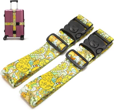 Thijox - 2 stuks verstelbare kofferriemen, gepersonaliseerde bagageriem met afsluitbare gesp voor koffer en reistas, 5 cm breed, gele bloem, veilig vo