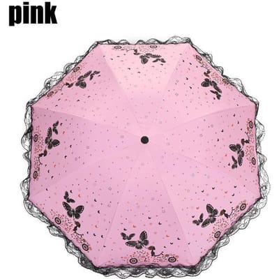 Vlinderkant Bedrukte Zonnescherm Paraplu Voor Zowel Regen Drievoudig Opvouwbaar Windbestendig en Zonbestendig Zwarte Rubberen Paraplu 8K pink