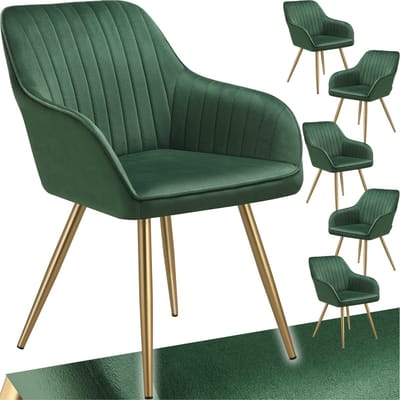 tectake® Eetkamerstoelen Marilyn - Set van 6 - Gestoffeerde Stoel in Fluweellook - Doorgestikt - Zwarte Stoelpoten - Ergonomische Keukenstoel - Doorlopende Rugleuning en Armleuningen - Stoel voor Woonkamer, Eetkamer, Slaapkamer - Groen
