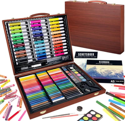 TIM® Tekenset - Tekendoos - Tekenkoffer - Tekenset Volwassenen - Tekendoos Voor Kinderen - Bruin - 38cm x 30cm x 6cm