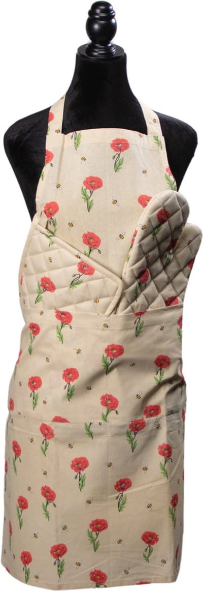 Keukenset 3-delig – Schort + Ovenwant + Pannenlap – Voor Haar – Kookcadeau - Cadeauset - Klaproos - Bloemen-Bijen