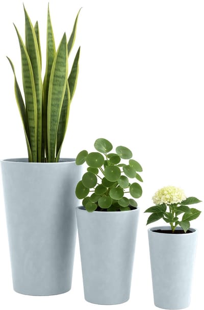 CLP Set van 3 ronde bloempotten - voor binnen en buiten - weerbestendig vorstbestendig - steenlook - plantenbakken - fiberclay - grijs