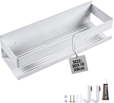 SnelShoppen - Wandrek voor badkamer 30 cm met 2 haken, roestvrij staal, doucheset zonder boren, opbergrek, douchehouder, doucheaccessoires in wit
