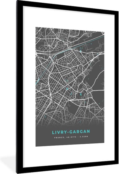 Fotolijst incl. Poster - Livry-Gargan - Frankrijk - Plattegrond - Kaart - Stadskaart - 80x120 cm - Posterlijst