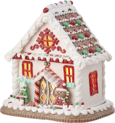 Viv! Christmas Kerstbeeld - Gingerbread Huis van Klei incl. LED Verlichting - wit rood - 22cm