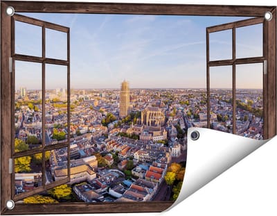 Gards Tuinposter Doorkijk Utrecht vanuit de Lucht - 60x40 cm - Tuindoek - Tuindecoratie - Wanddecoratie buiten - Tuinschilderij