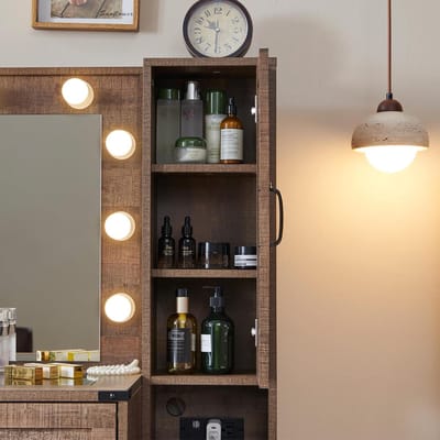 Make-uptafel met Verlichte Spiegel & Laadstation – Urbanhome BelleCharm Lichtbruin Kaptafel met Kruk – Landhuis Design – LED Spiegel met Touch & 3 Lichtstanden – Grote Kaptafel met Laden – 110x40x137 cm