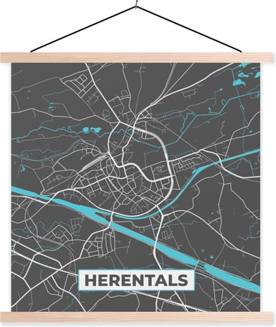 Posterhanger incl. Poster 40x40 cm - Schoolplaat - België – Herentals – Stadskaart – Kaart – Blauw – Plattegrond - Textielposter - Blanke latten - Stadskaart