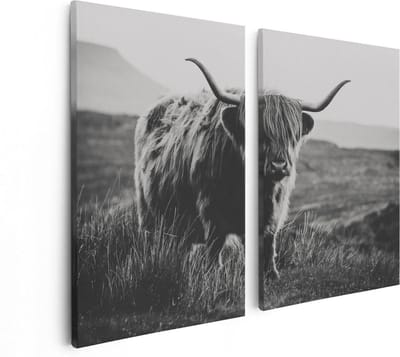 Artaza Canvas Schilderij Tweeluik Schotse Hooglander Koe - Zwart Wit - 80x60 - Foto Op Canvas - Canvas Print
