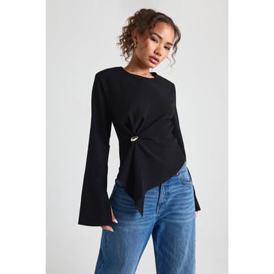 boohoo Dames Top met gouden accenten en lange mouwen | Zwart | Maat: 34