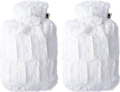 Warm water kruik met warme bont hoes - 2x - wit - 1800 ml - hoogpolig pluche - kinderen/volwassenen - cadeau