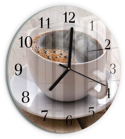 Tulup Wandklok - Koffie Wandklok Glas Met Motief - 30fi cm - Bruin Decoratieve Glazen Klok - Zwarte Handen - Ronde Wandklok - Moderne Wandklok Glas - Wandklok Glas Decoratie