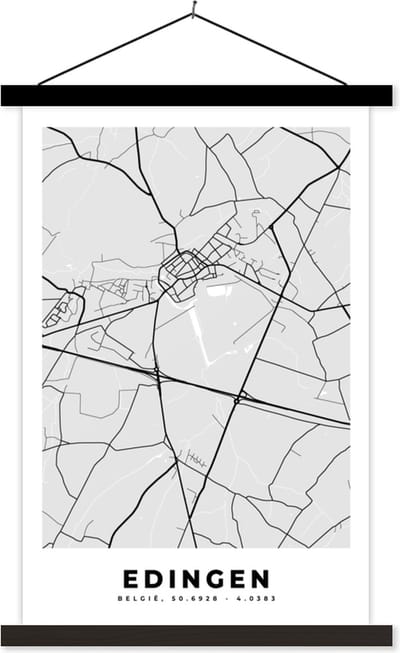 Posterhanger incl. Poster 40x60 cm - Schoolplaat - België – Edingen – Stadskaart – Kaart – Zwart Wit – Plattegrond - Textielposter - Zwarte latten - Stadskaart