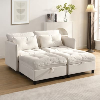 [Wolken-modulaire bank] 4-zits modulaire, scheidbare bankstel: vrij te combineren + opbergruimte onder alle zitkussens + slaapfunctie + chenille bekleding - vrije ruimte-indeling - met woonkamer-slaapbankcombinatie