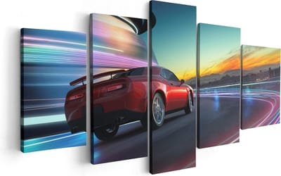 Artaza Canvas Schilderij Vijfluik Rode Sportwagen Auto In De Stad - 100x50 - Foto Op Canvas - Canvas Print