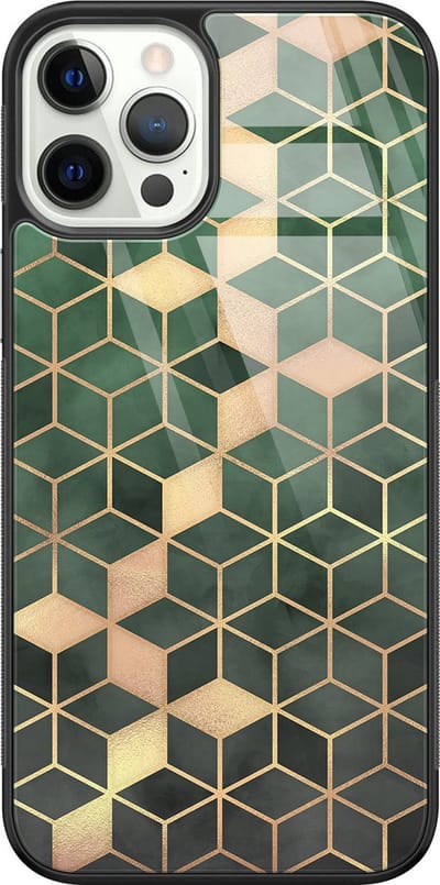 Hoesje geschikt voor iPhone 12 Pro - Groen kubus - Luxe Glazen Hardcase - Hippe print - Groen - Leuke Telefoonhoesjes