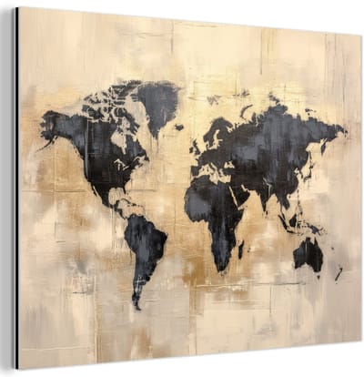 Aluminium schilderij 120x90 cm - Wanddecoratie metaal - Wereldkaart - Goud - Zwart - Abstract - Metalen muurdecoratie woonkamer - Decoratie industrieel - Foto op dibond - Industriële accessoires slaapkamer