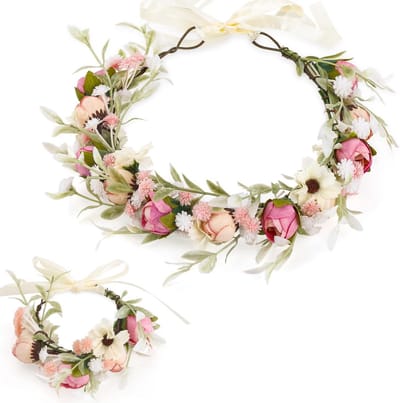 Bloemenkrans Hoofdband - Bloemenkroon Haarband - Bruiloft Accessoire - Handgemaakt Realistisch - 23 cm Diameter - Roze