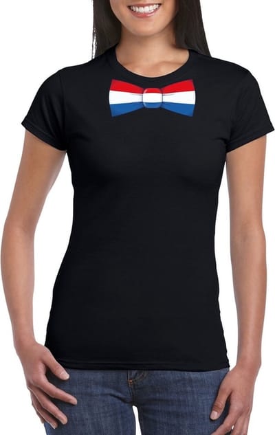Zwart t-shirt met Hollandse vlag strikje dames - Nederland supporter S