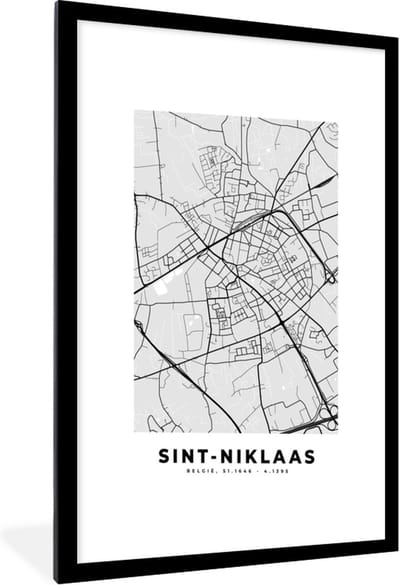 Fotolijst incl. Poster Zwart Wit- Stadskaart – Plattegrond – België – Zwart Wit – Sint Niklaas – Kaart - 60x90 cm - Posterlijst