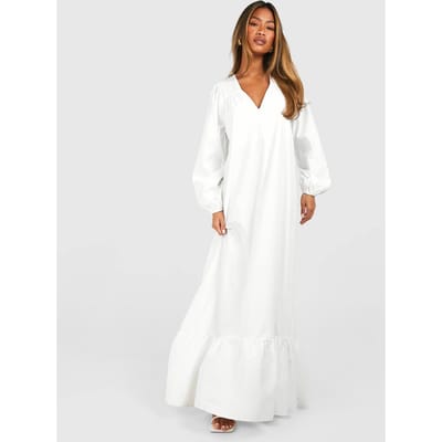 boohoo Dames Poplin Blouson Mouw Trapeze Maxi Jurk | Wit | Maat: 36